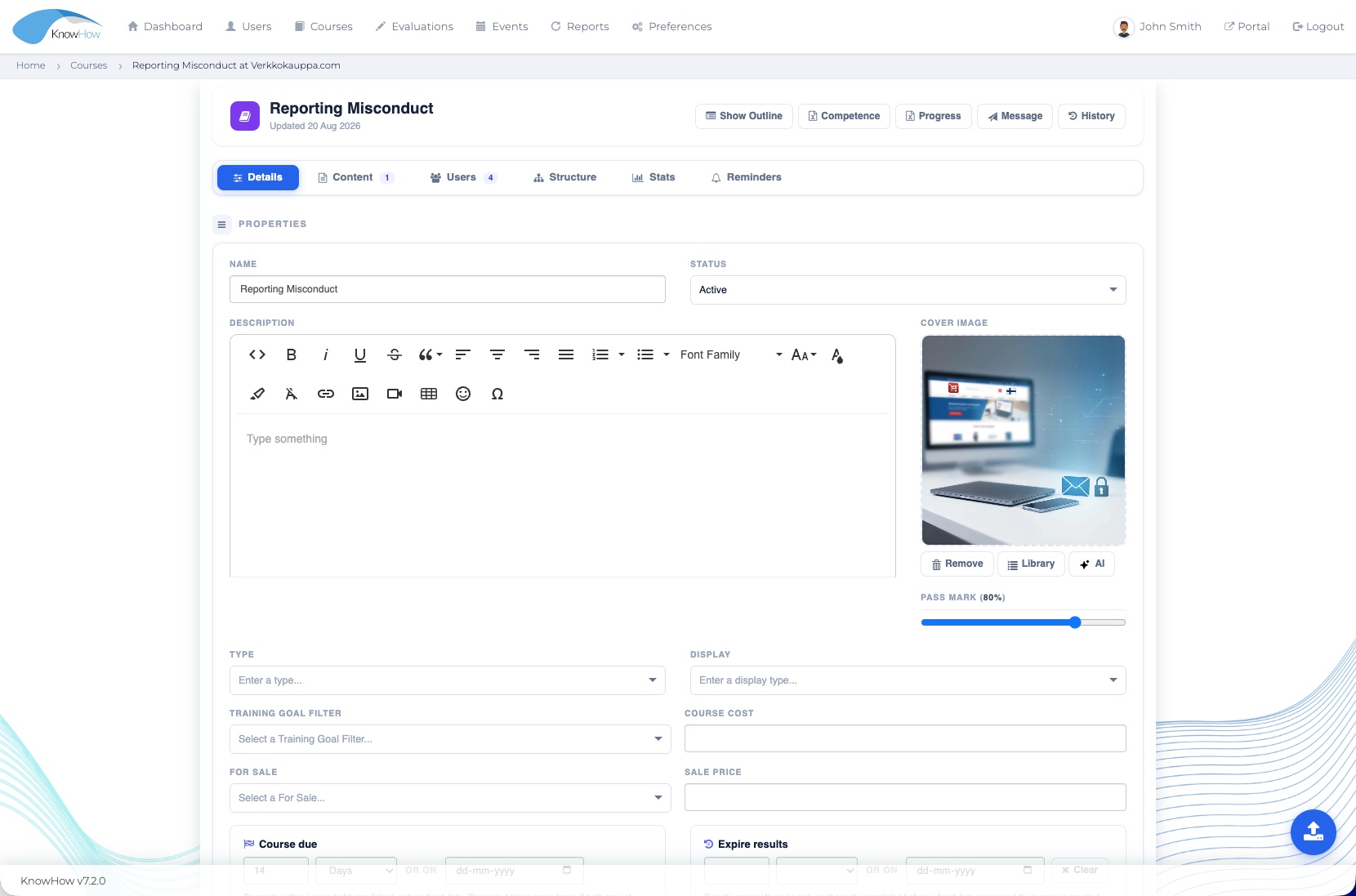 KnowHow course administration screen